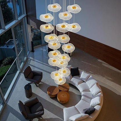 ziidoo High Ceiling Chandelier - 32-Light Dimmable Modern Gold Long Spiral Luxury Linear Lotus Leaf Led Lamp Hanging Pendant Lights for Foyer Enterway Staircase Villas