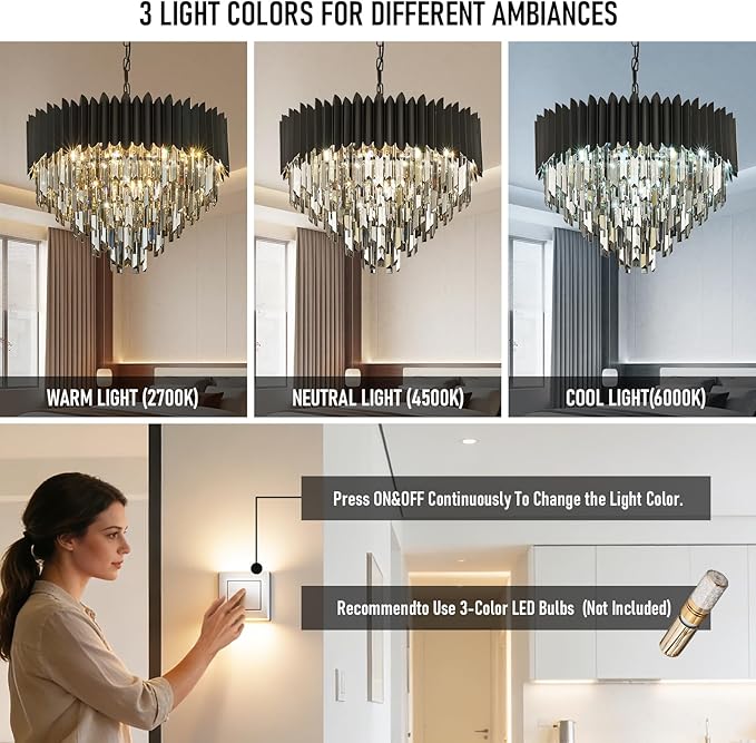 Black Crystal Chandelier 24'' K9 Smoke Gray Crystal Round Pendant Lights Adjustable 5-Tier Modern Chandelier Light 10-Lights for Dining Room Living Room Kitchen Foyer Entryway