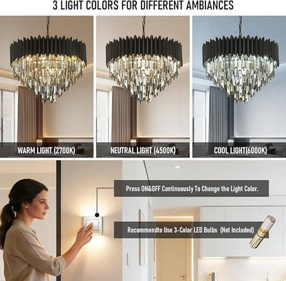 Black Crystal Chandelier 24'' K9 Smoke Gray Crystal Round Pendant Lights Adjustable 5-Tier Modern Chandelier Light 10-Lights for Dining Room Living Room Kitchen Foyer Entryway