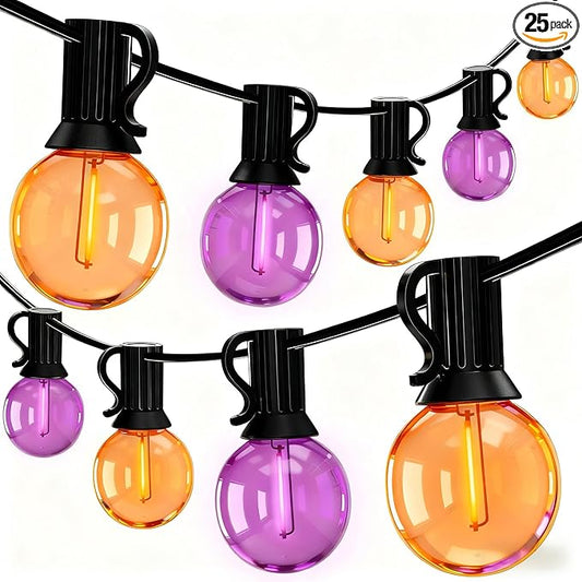 50Ft G40 LED Outdoor Christmas String Lights, Christmas Decorations with 27 LED Shatterproof Clear Orange and Purple Globe Bulbs(2 Spare), Hanging Patio Night Lights for Home Party Garden Yard Decor