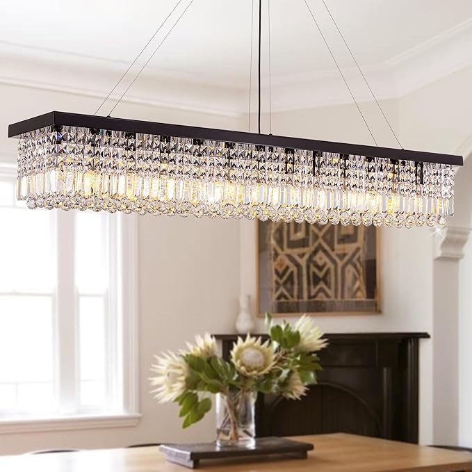 59-inch Modern Crystal Chandelier,13-Light K9 Crystal Rectangle Chandelier for Dining Room,Kitchen Island Adjustable Hanging Pendant Light Fixture,Black Finish