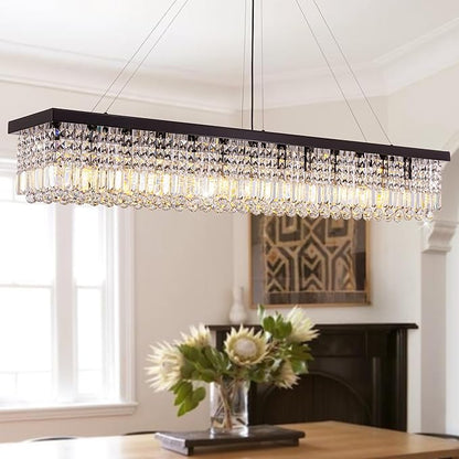59-inch Modern Crystal Chandelier,13-Light K9 Crystal Rectangle Chandelier for Dining Room,Kitchen Island Adjustable Hanging Pendant Light Fixture,Black Finish