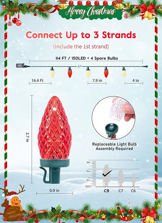 C9 Christmas Lights Outdoor Waterproof, 114 Feet 150 LED C9 String Lights with Timer & 8 Light Mode, Connectable Christmas Tree Lights for Indoor Outside Roofline Patio Decoration, Red & Warm White