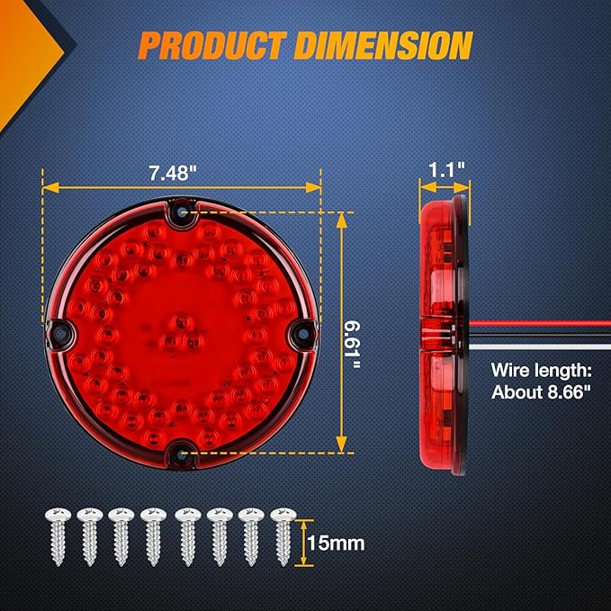 Nilight Tail Light 2PCS 7Inch Round 47 LED Red with Inner Reflex Lens Marker Clearance Stop Brake Turn Signal Running Taillight IP67 Waterproof for Trailer Truck Pickup Camper RV BUS