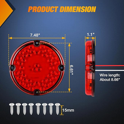 Nilight Tail Light 2PCS 7Inch Round 47 LED Red with Inner Reflex Lens Marker Clearance Stop Brake Turn Signal Running Taillight IP67 Waterproof for Trailer Truck Pickup Camper RV BUS