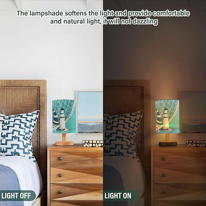 Table Lamp Nautical Sailboat Lighthouse Seashell Fishnet Blue Wood Nightstand Lamp with Wood Base Fabric Lamp Shade Bedside Desk Lamp for Living Room Bedroom Kids Room Office