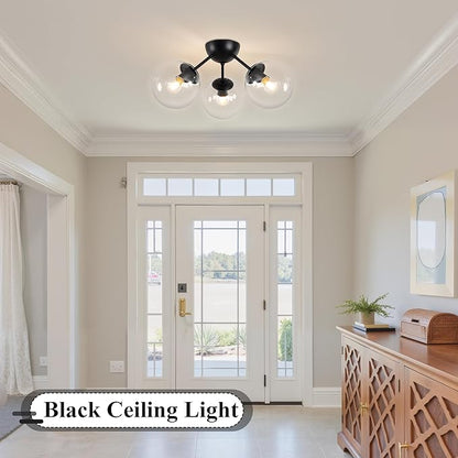 Bagood Mid-Century Modern Semi Flush Mount Ceiling Light 3 Lights Clear Glass Modern Globe Ceiling Light Matte Black Sputnik Chandeliers for Hallway Entryway Kitchen Bedroom Laundry(Bulb Incl.)