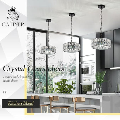 CATINER 3-Pack Black Crystal Pendant Light 4-Light Modern Chandelier Small 12” Crystal Semi Flush Mount Ceiling Light Round for Dining Room Kitchen Island Foyer Hallway