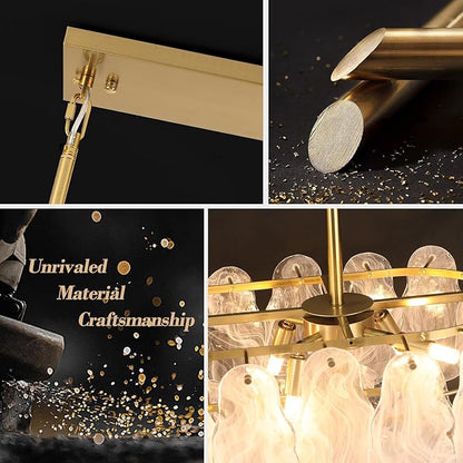 Gold Crystal Chandelier Rectangular Pendant Lighting 8-Light Crystal Chandeliers for Kitchen Island Cloud Glass 2-Tier Light Fixture for Dining Room, Living Room, Kitchen