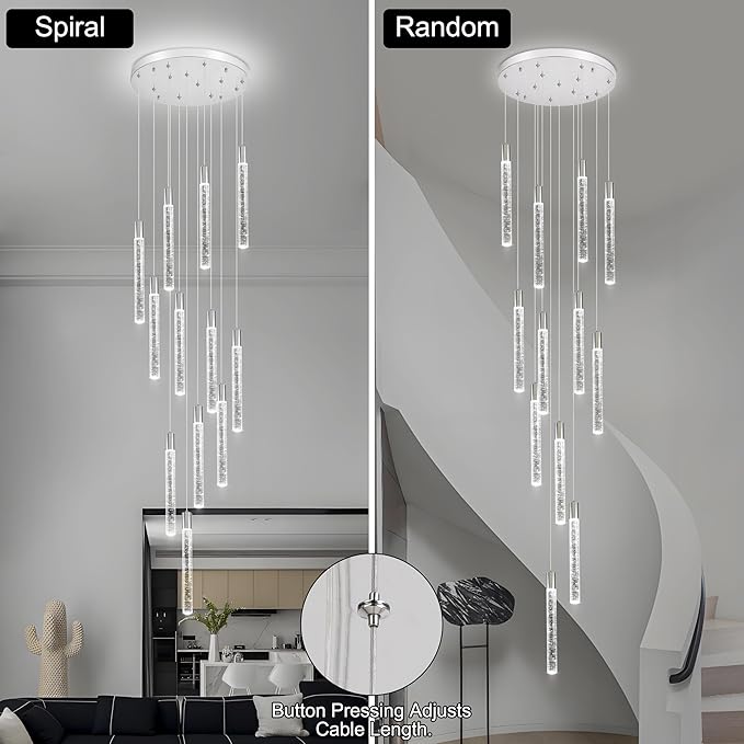 12-Lights Bubble Chandelier for Entryway High Ceiling-137 Height Adjustable Crystal Chandelier,3 Color Temperature Dimmable LED Pendant Light Fixture for Foyer Living Room Staircase,Chrome