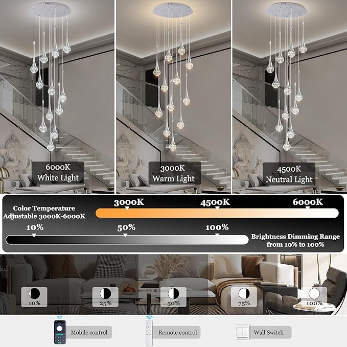 Modern Crystal Staircase Chandelier for High Ceilings, Glam LED Dimmable Pendant Light Living Room Entryway Foyer Chandelier Lighting Fixture Chrome 12-Lights