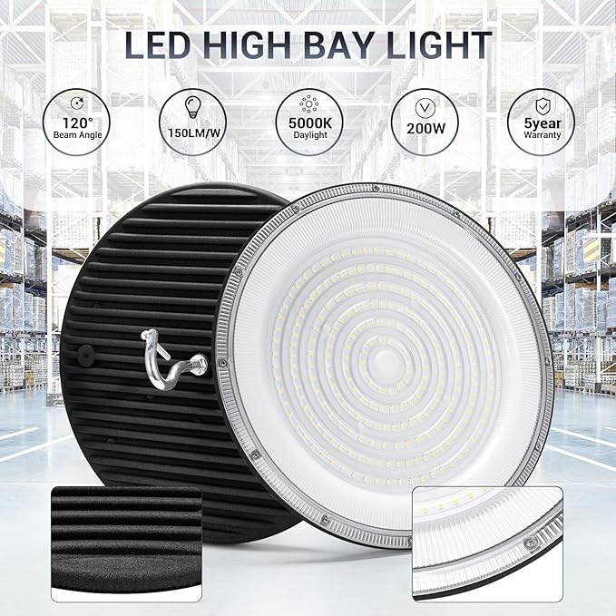 XYCN 6 Pack 200W UFO Led High Bay Light,IP66 Waterproof,120VAC,30500LM 5000K Daylight Commercial Bay Lighting,850W MH/HPS with Plug Area Lighting for Warehouse/Shop/Workshop/Barn/Gym/Factory
