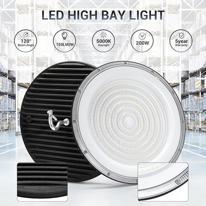 XYCN 6 Pack 200W UFO Led High Bay Light,IP66 Waterproof,120VAC,30500LM 5000K Daylight Commercial Bay Lighting,850W MH/HPS with Plug Area Lighting for Warehouse/Shop/Workshop/Barn/Gym/Factory