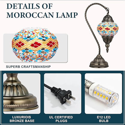 Marrakech Stained Glass Lamp Turkish Table Lamp with Tiffany Style, Handmade Moroccan Mosaic Lamps Vintage with Swan Neck Bronze Base Including LED Bulb for Living Room Bedroom Decor (Colorful3)