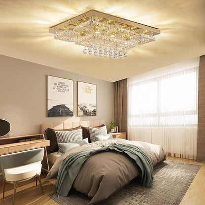 32 inch Flush Mount Chandelier Crystal Ceiling Light with Remote Control/APP, 3CCT Dimmable&Brightness Adjustable, Modern Crystal Raindrop Gold Chandeliers for Bedroom Hallway Dinning Room Living Room