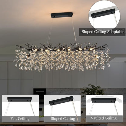Modern Crystal Tree Branch Chandelier L40'', Black Linear Rectangle Art Deco Pendant Light Raindrop Lighting Fixture for Dining Room Kitchen Island 10 Lights