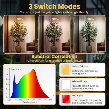 Plant Grow Light for Indoor Plants, Full Spectrum Grow Lamp with Pedestal Stand, Automatic Timer for 3H/9H/12H, Height Adjustable 51-67in White