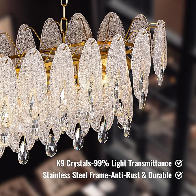 40-inch Gold Rectangle Chandelier for Dining Room,Modern Luxury Chandeliers,Linear Glass Pendant Hanging Lighting Fixture for Kitchen Island,L39.4'' × W13.8'' × H12.2''