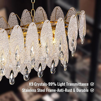 40-inch Gold Rectangle Chandelier for Dining Room,Modern Luxury Chandeliers,Linear Glass Pendant Hanging Lighting Fixture for Kitchen Island,L39.4'' × W13.8'' × H12.2''