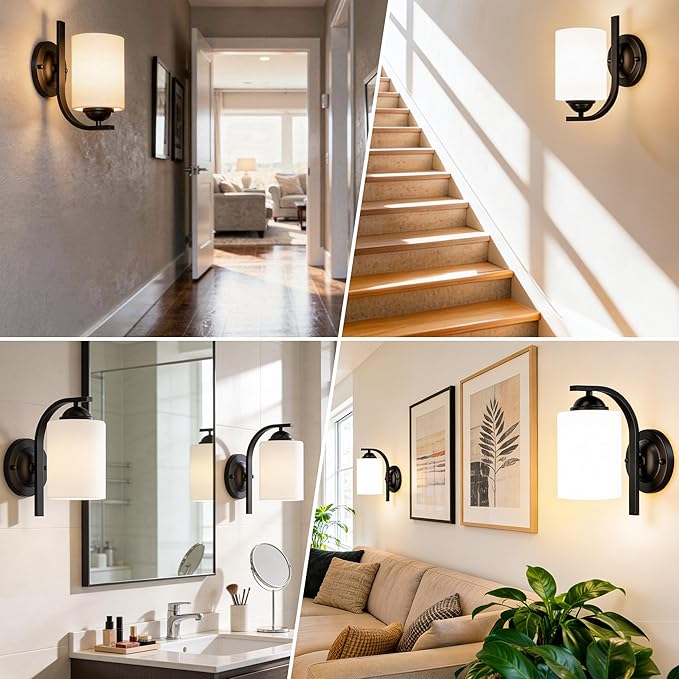 Wall Sconces Lights for Bedroom Bathroom, Modern Vanity Light Fixtures, Matte Black Farmhouse Wall Mount Lighting, Hardwired Wall Lights with Glass Shade for Living Room Mirror Hallway