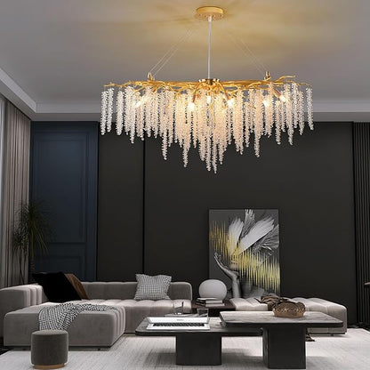 Modern Crystal Tree Branch Chandelier, Gold Linear Art Deco Raindrop Indoor Hanging Pendant Light Fixture for Dining Room Kitchen Island Living Room Bedroom 13 Lights L40''