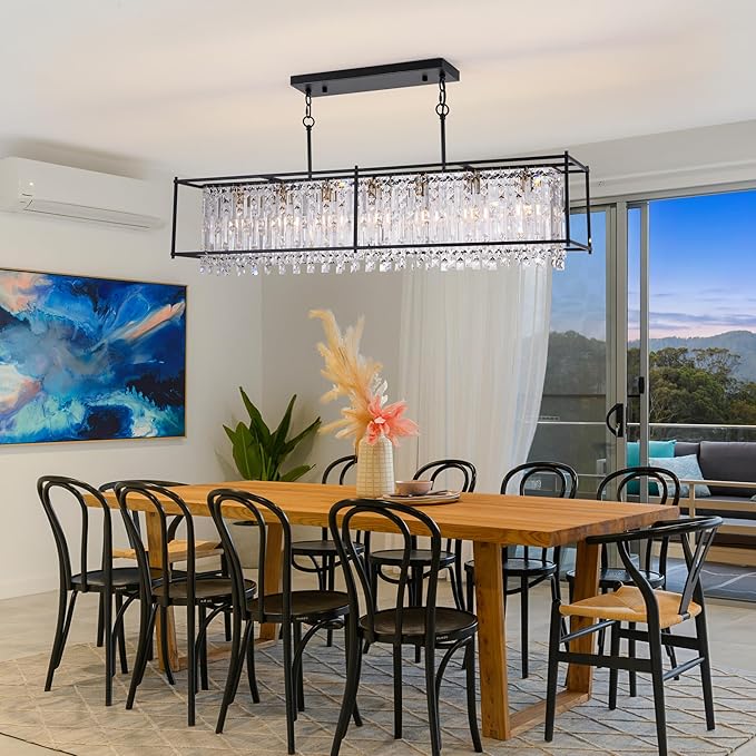 Modern Black Crystal Chandeliers For Dining Room, 50" Large Rectangle Water Ripple Glass Pendant Elegant Linear Lighting for Kitchen Island Dining Room LivingRoom Flat Inclined Ceiling,L50 x W11 x H19
