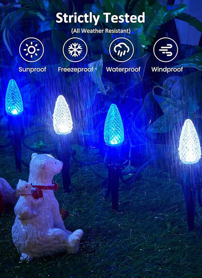 Christmas Pathway Lights Outdoor, 2 Pack 26 Ft 20 LED C9 Strawberry String Lights with Stakes, Connectable Waterproof Outside Christmas Lights Marker for Path, Lane, Patio Decor, Blue & Pure White
