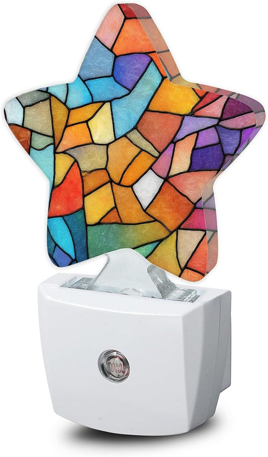 Colorful Stained Glass Dusk to Dawn Star Night Light,Abstract Smart Sensor Nightlight for Bedroom Kitchen Hallway Stairs,Plug-in Energy Efficient Decor Desk Lamp Women Men Gifts