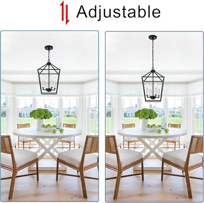MELUCEE 12-inch Black Cage Chandelier 4-Light Farmhouse Lantern Pendant Light Openwork Cage Hanging Light Fixtures Ceiling with White Candle-Shaped Lamp Holder for Kitchen Island, Dining Room, Foyer