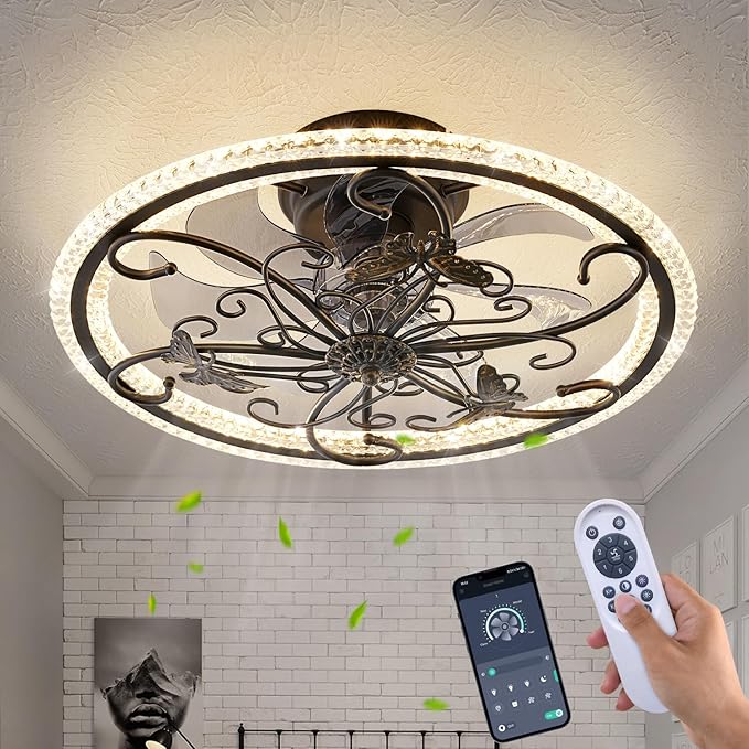 Retro Black Ceiling Fan with Lights Remote Control, 6 Speeds 3 Color Industrial Caged Ceiling Fan with Light for Kitchen Bedroom Living Room