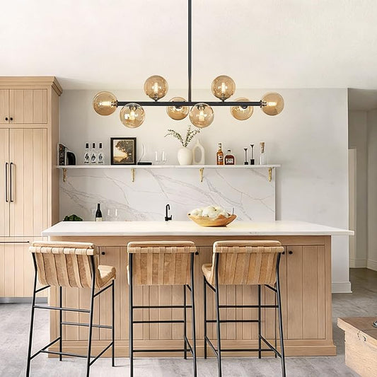 Linear Chandeliers for Dining Room, 8-Light Black Sputnik Chandeliers Modern Chandelier Linear Dining Room Light Fixture Mid Century Ameber Glass Globe Chandelier for Kitchen Island Living Room 37inch