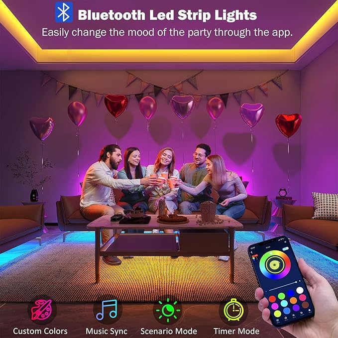 Leeleberd 80ft Led Strip Lights (2 Rolls of 40ft) Bluetooth Smart App Music Sync RGB Color Changing Led Light Strip with Remote and Power Adapter,Led Lights for Bedroom Room Home Decor Party Festival