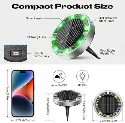 Peasur Mini Solar Ground Lights Outdoor, 8 Pack Flat Solar Powered Disc Lights, IP68 Waterproof, Anti-Rust, Landscape Lighting for Pathway Garden Yard Lawn Walkway Landscape Driveway, Green
