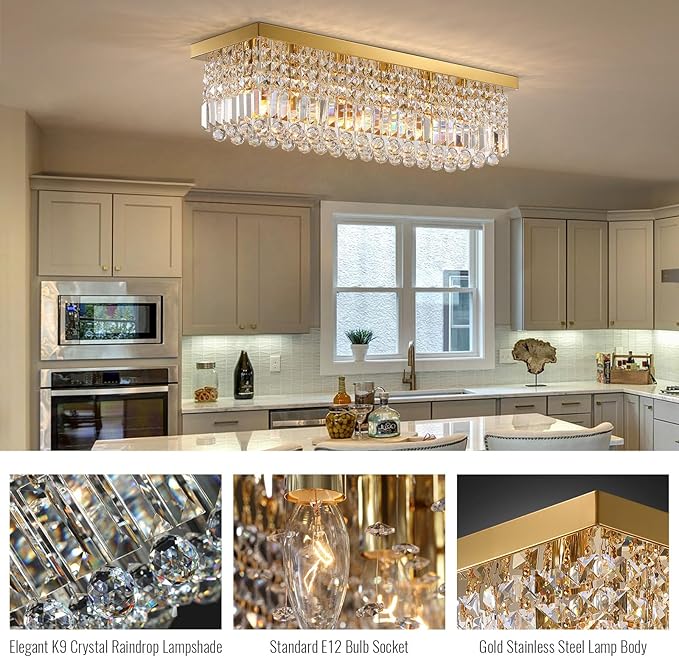 Siljoy 6-Light Modern Crystal Chandelier, Gold Rectangular K9 Crystal Raindrop Chandelier Flush Mount Ceiling Light Fixture for Dining Room Living Room Kitchen Island L31.5'' x W10'' x H10''
