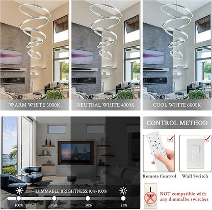 Modern LED Chandeliers 5-Ring Chandelier High Ceiling Chandelier 31" Large Foyer Chandeliers Entryway Silver Dimmable Pendant Light Fixture for Living Room Staircase, 3000K-6500K