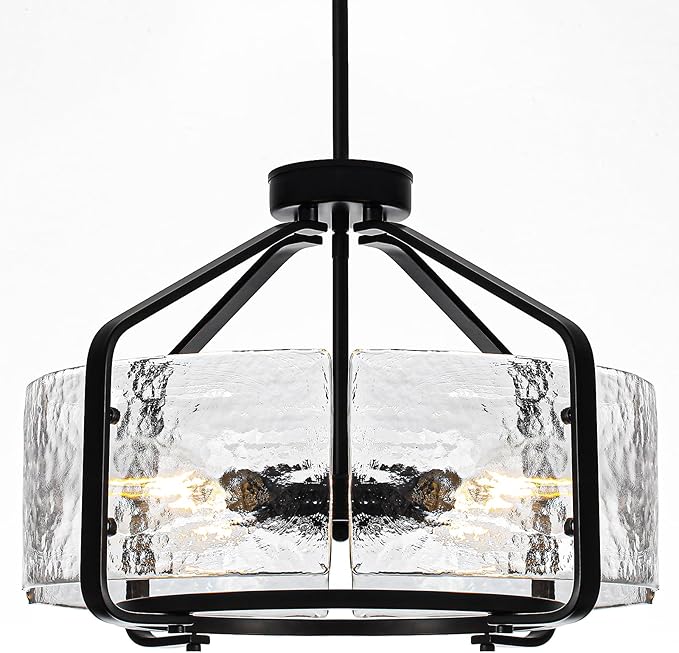 Luupyia 17.7 Inches Glass Drum Chandelier Black, 4Lights Modern Glass Chandelier, Height Adjustable Drum Chandeliers Crystal Pendant Light Dining Room Kitchen Entryway Chandeliers for Foyer