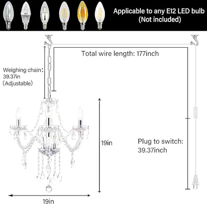 Plug-in 3 Light Crystal Hanging Pendant Lights Acrylic Chandelier with Clear Cord & On/Off Switch H19 D19 for Kitchen Island Girls' Room Dining Area Laundry Pavilion.