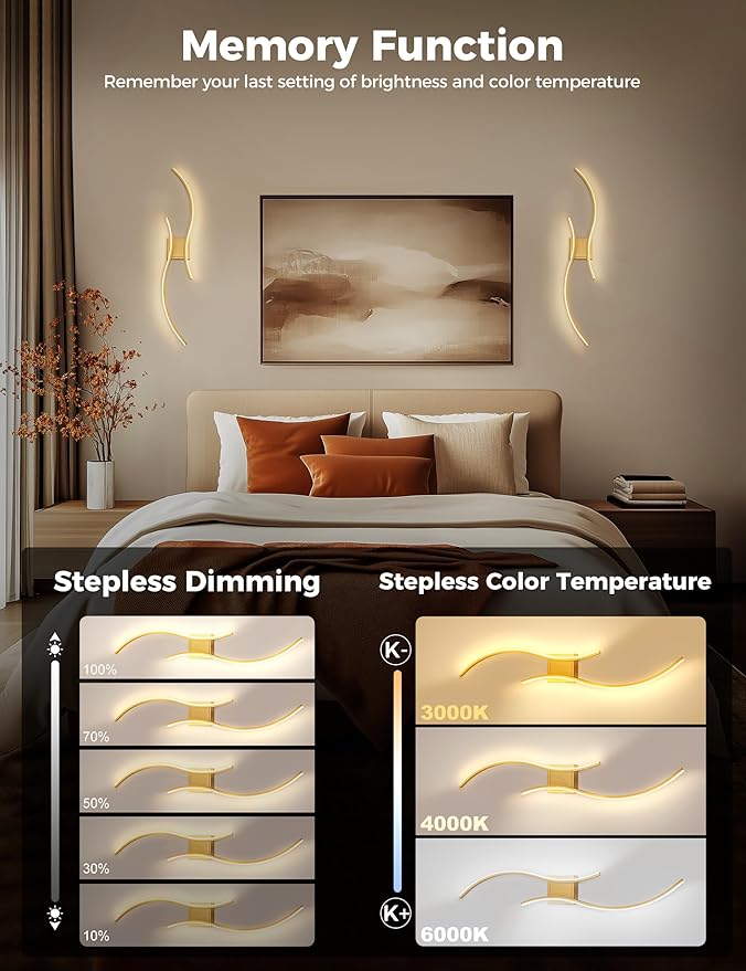 DORESshop Battery Operated Wall Sconces Set of 2, Modern Wireless Rechargeable Wall Lights with Stepless Dimming,3000k-6000K, Sconce Wall Decor for Living Room, Hallway, Bedroom, Gold 39in