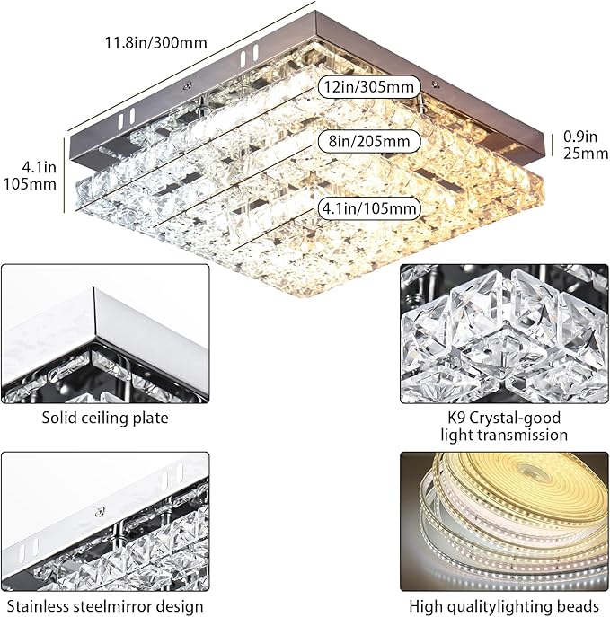 Crystal Chandeliers Crystal LED Ceiling Light 11.8" Square Flush Mount Modern Chandelier Ceiling Lights Fixtures for Bedroom Dining Room Hallway Dimmable by Remote Control