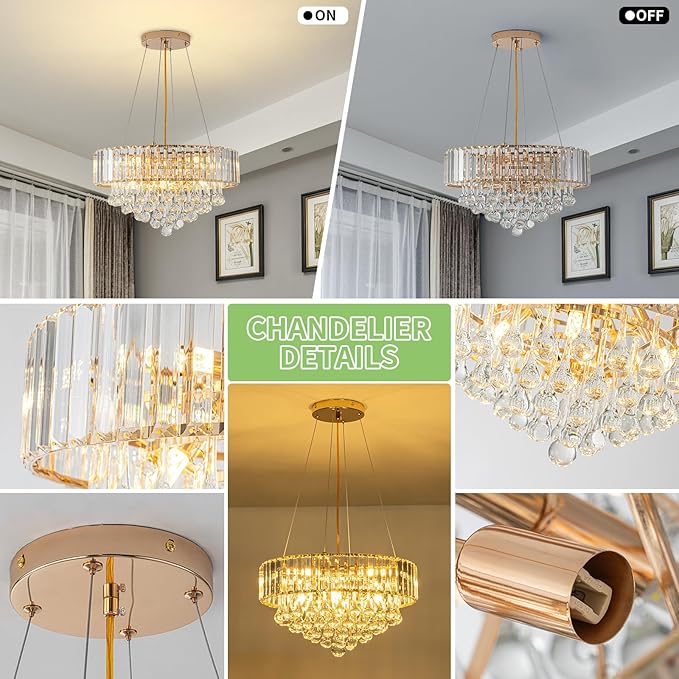 HOPGGIE 17 Inch Crystal Chandeliers Flush Mount Chandelier G9 Base Round Modern Ceiling Light Fixture Pendant Lighting for Living Room Dining Room Laundry Room Kitchen Bedroom (Gold)