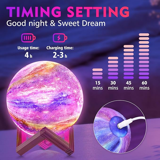 Moon Lamp, Kids Night Light Galaxy Lamp - 16 Colors Moon Light with Wood Stand Remote & Touch Control USB Rechargeable Gift for Girls&Boys Lover Birthday - 4.8 inch