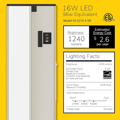 Getinlight 32-inch 3 Color Levels LED Under Cabinet Lighting, Hardwired or Plugged-in, Selectable White 2700K/3000K/4000K, Dimmable, Brushed Nickel Finished, IN-0210-4-SN