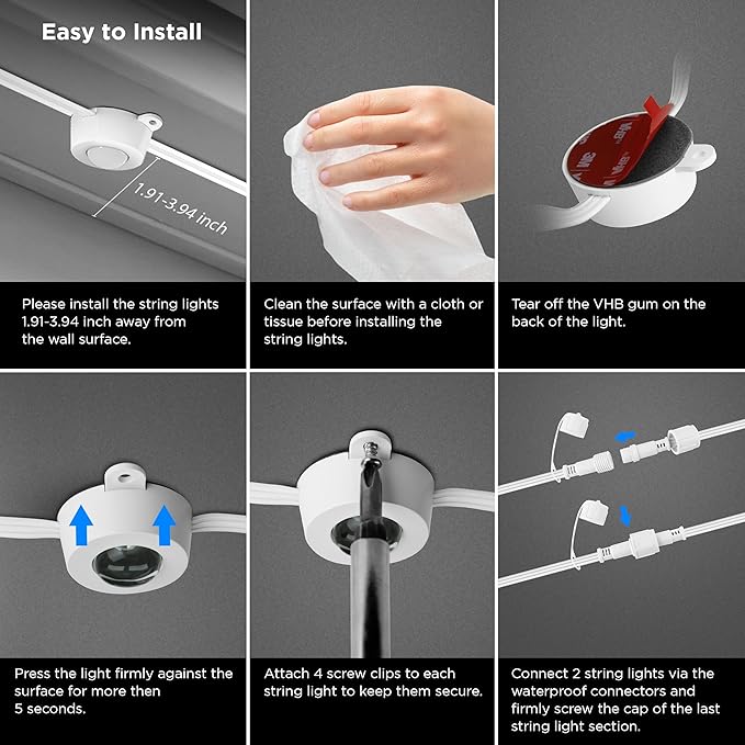 Feit Electric Permanent Outdoor Lights, Smart RGBIC String Lights, 50FT LED Christmas Lights, 2.4GHz WiFi-Enabled Under Eaves Light, Work with Alexa and Google Assistant, Weatherproof, SL50-36/RGB/AG