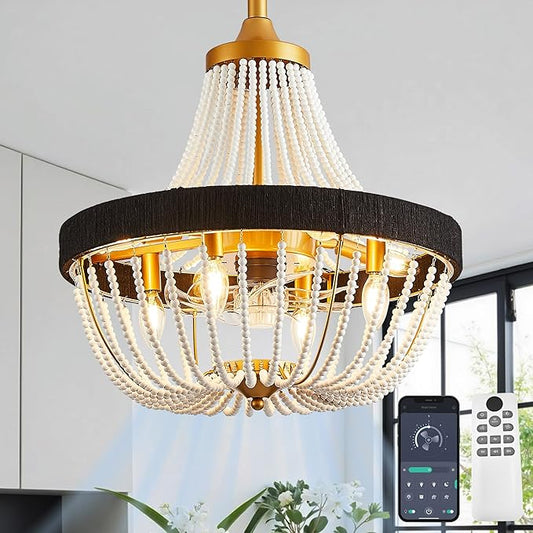20 Inch Bohemian Empire Ceiling Fan Light 7 Blades, Remote APP Control, Adjustable Chain, Quiet Operation Ideal for Hallway, Living Room, Bedroom (Gold Metal+White Wood Bead, 20" Rustic Style)