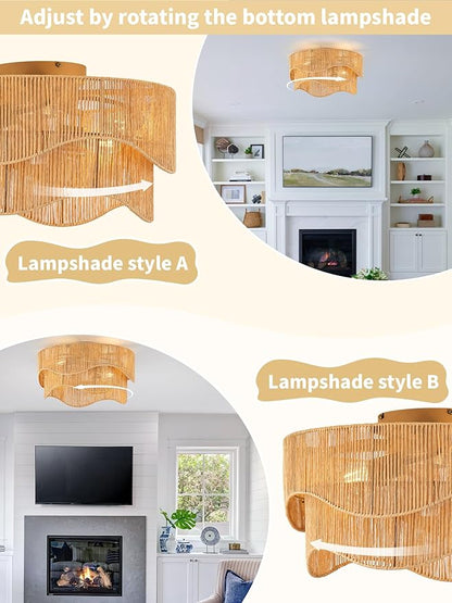 Flush Mount Ceiling Fan with Lights, 20" Low Profile Boho Ceiling Fan with Light Remote Control, Caged Rattan with 6 Speeds for Bedroom, Nursery, Living Room