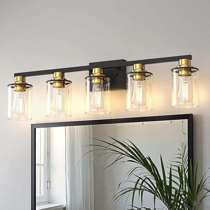 DORESshop Bathroom Light Fixtures, 5-Light Gold and Black Bathroom Lighting Fixtures Over Mirror with Clear Glass Shade, Vanity Lights for Hallway Living Room Bedroom