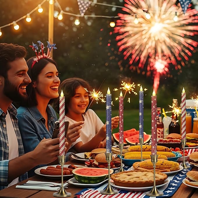 Honoson 6 Pcs 4th of July Taper Candles 10.6 Inch Patriotic Flameless Candles Battery Operated Red White and Blue LED Candlesticks for Independence Day Dinner Table Home Party Decoration
