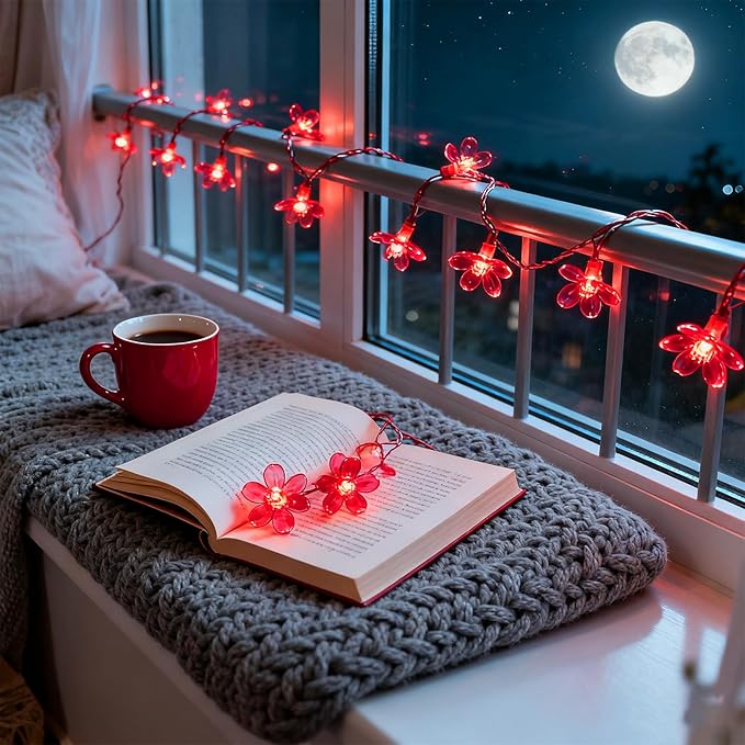 JACUXLSS Cherry Blossom Flower String Lights, 100 led 33 feet 8 Mode Plug in Fairy Lights for Valentine's Day, Wedding, Birthday Party, Christmas Easter Tree Hanging Decorations (Red)