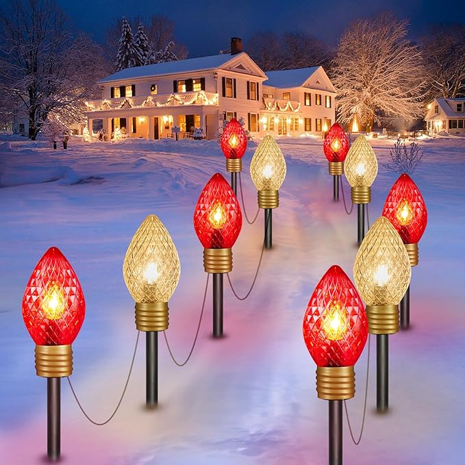 Brightown Strawberry Jumbo C9 Christmas Pathway Lights Outdoor - 2 Pack Total 17 Feet 10 LED Jumbo C9 Walkway Lights, Christmas Light Outdoor Decorations for Lawn Yard Holiday, Red & Warm White