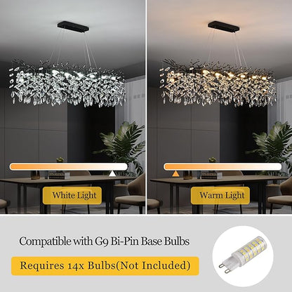 Modern Rectangle Crystal Tree Branch Chandelier, L47.3'' Luxury Black Linear Art Deco Raindrop Pendant Lighting Fixture for Kitchen Island Foyer Living Room Dining Room 14 Lights